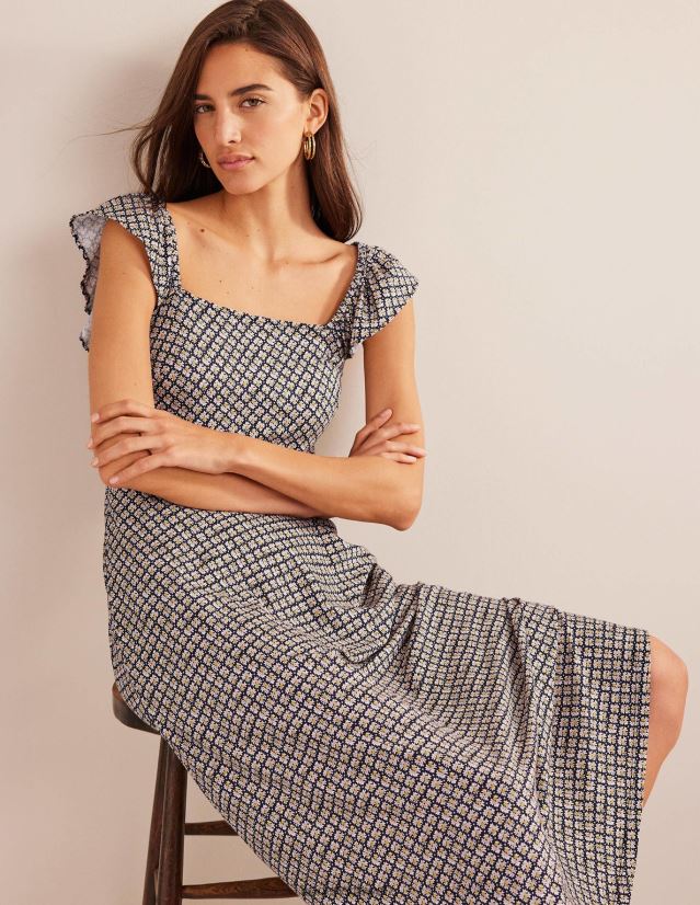 Boden Frauen Midikleid aus Jersey mit Rüschendetail VH86PT1021 Kleidung schwarze und blühende Knospe