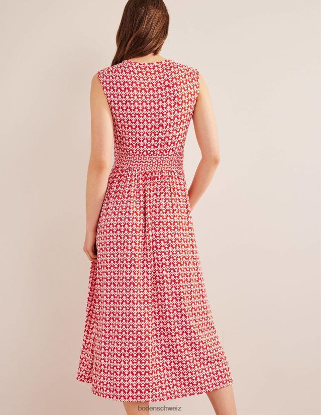 Boden Frauen Midikleid aus Jersey mit Taillendetail VH86PT2157 Kleidung Zinnoberrot und Tulpenpop