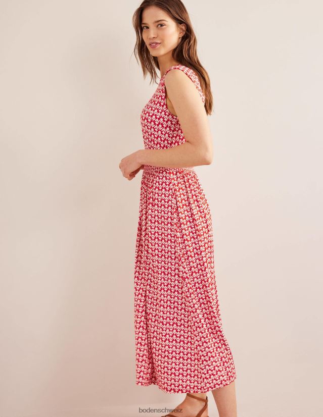 Boden Frauen Midikleid aus Jersey mit Taillendetail VH86PT2157 Kleidung Zinnoberrot und Tulpenpop