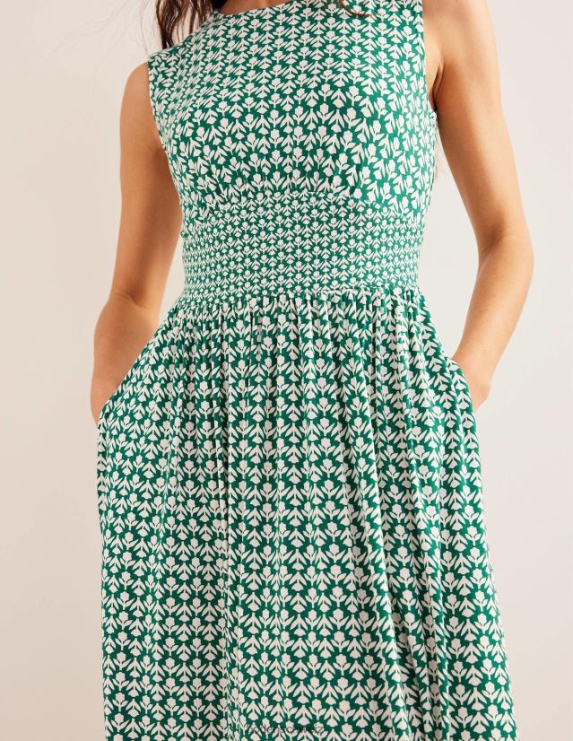 Boden Frauen Midikleid aus Jersey mit Taillendetail VH86PT2175 Kleidung Flaschengrün und Tulpenpop