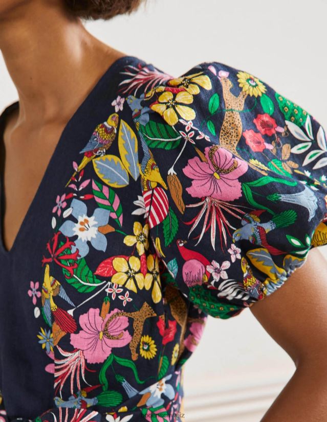 Boden Frauen Midikleid aus Leinen mit Puffärmeln VH86PT2563 Kleidung Marine und exotisches Paradies
