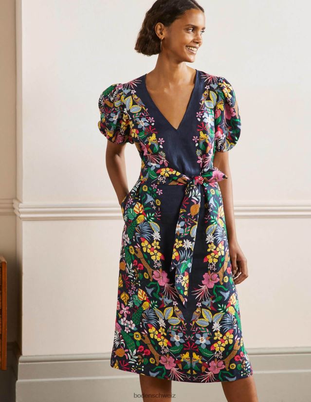 Boden Frauen Midikleid aus Leinen mit Puffärmeln VH86PT2563 Kleidung Marine und exotisches Paradies
