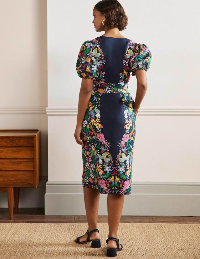 Boden Frauen Midikleid aus Leinen mit Puffärmeln VH86PT2563 Kleidung Marine und exotisches Paradies