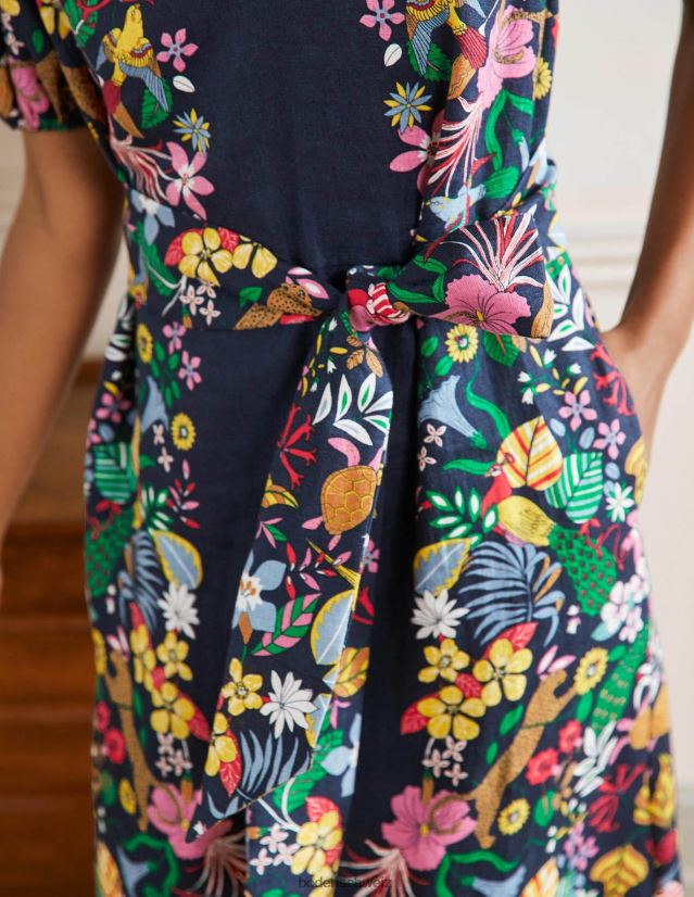 Boden Frauen Midikleid aus Leinen mit Puffärmeln VH86PT2563 Kleidung Marine und exotisches Paradies