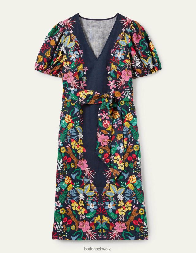 Boden Frauen Midikleid aus Leinen mit Puffärmeln VH86PT2563 Kleidung Marine und exotisches Paradies