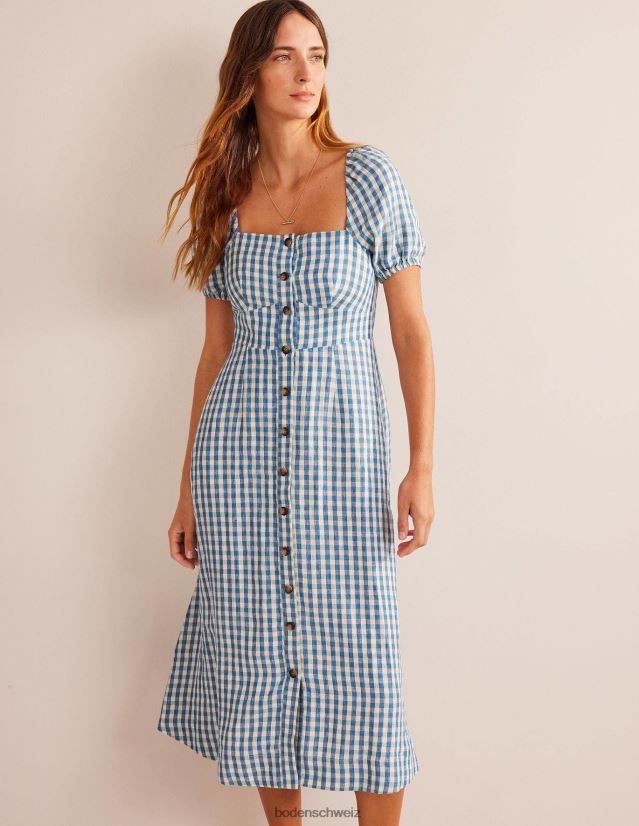 Boden Frauen Midikleid aus Leinen mit eckigem Ausschnitt VH86PT65 Kleidung Ritterspornblau und Gingham