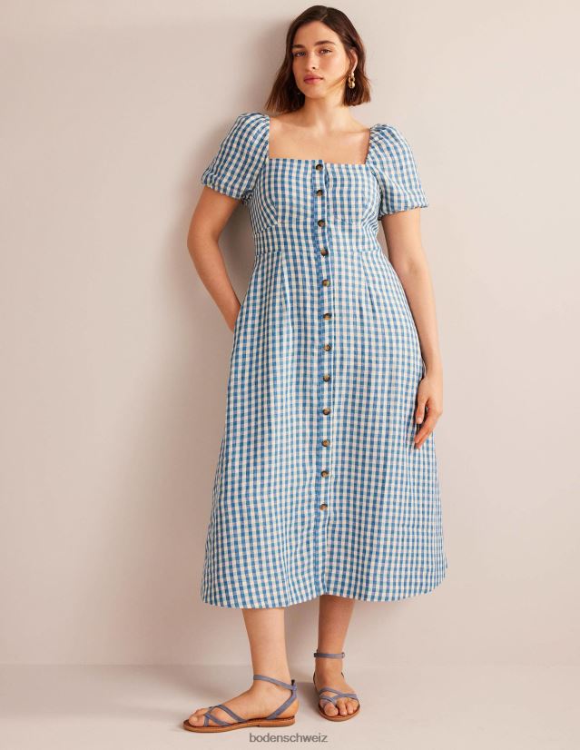 Boden Frauen Midikleid aus Leinen mit eckigem Ausschnitt VH86PT65 Kleidung Ritterspornblau und Gingham