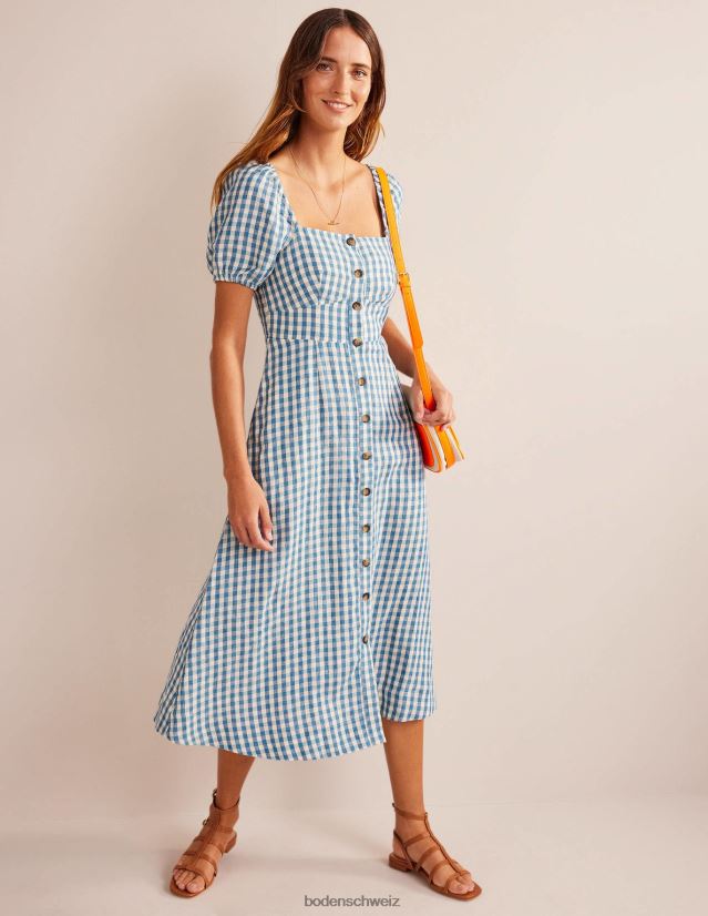 Boden Frauen Midikleid aus Leinen mit eckigem Ausschnitt VH86PT65 Kleidung Ritterspornblau und Gingham