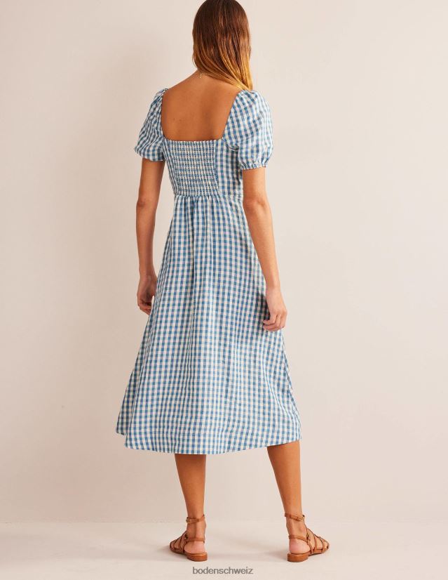 Boden Frauen Midikleid aus Leinen mit eckigem Ausschnitt VH86PT65 Kleidung Ritterspornblau und Gingham