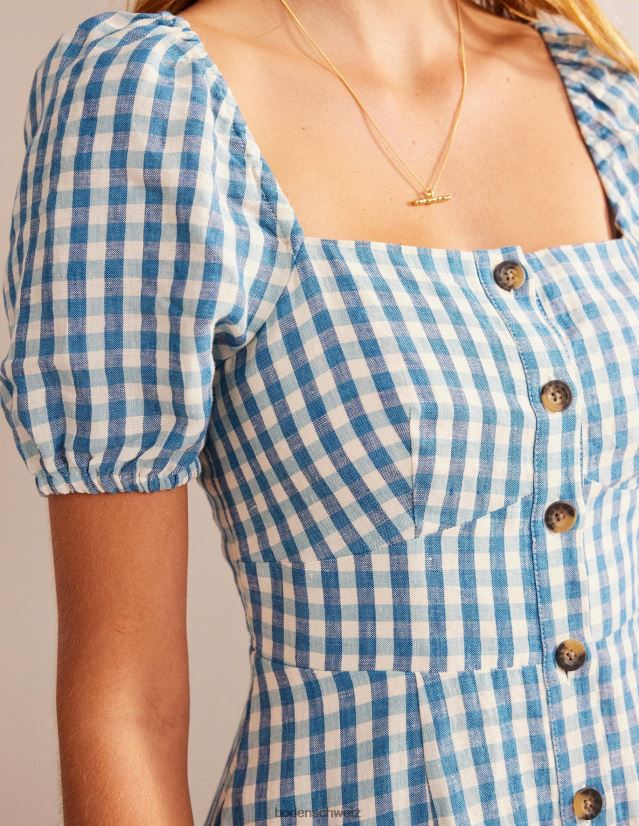 Boden Frauen Midikleid aus Leinen mit eckigem Ausschnitt VH86PT65 Kleidung Ritterspornblau und Gingham
