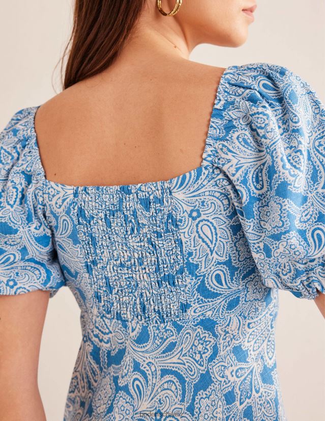 Boden Frauen Midikleid mit gerafftem Oberteil VH86PT1003 Kleidung Porzellanblau und Paisley-Knospe