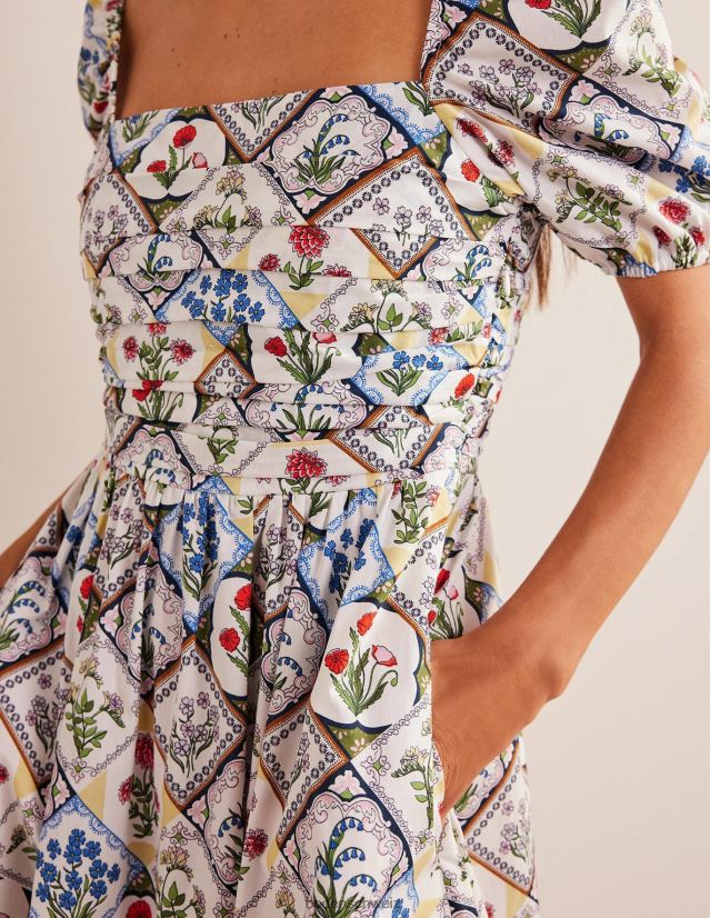 Boden Frauen Midikleid mit gerafftem Oberteil VH86PT2234 Kleidung Elfenbein und wildes Blauglöckchen