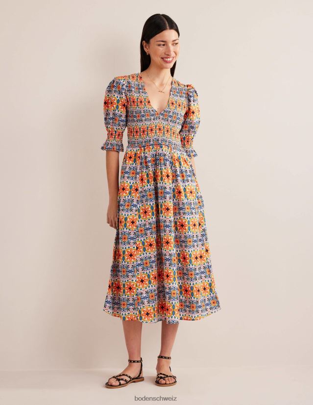 Boden Frauen Midikleid mit gesmoktem Oberteil VH86PT2237 Kleidung Multi & Tapisserie-Streifen