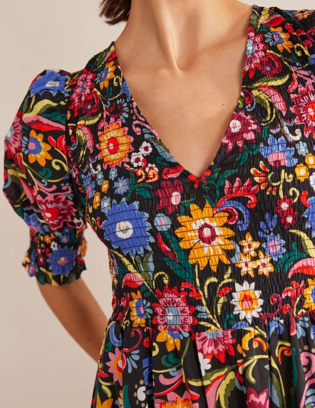 Boden Frauen Midikleid mit gesmoktem Oberteil VH86PT2388 Kleidung Schwarz- und Gardenien-Pop