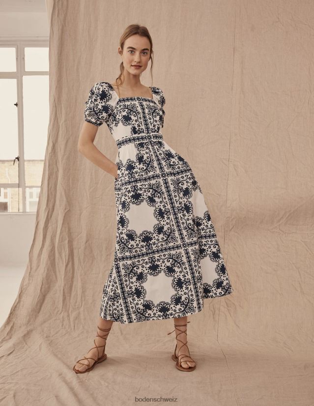 Boden Frauen Midikleid mit quadratischem Ausschnitt VH86PT1160 Kleidung Französisches Marineblau und Blumenmuster
