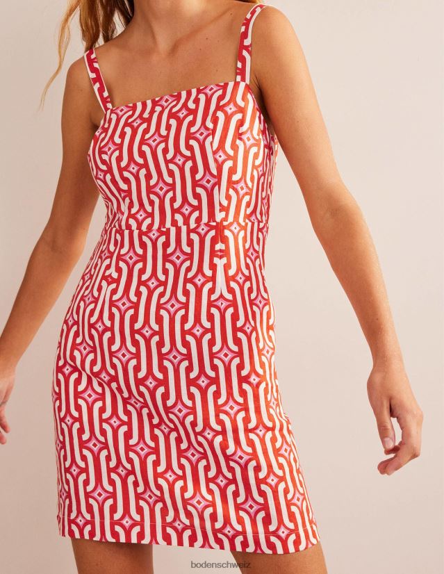 Boden Frauen Minikleid aus Leinen mit Trägern VH86PT90 Kleidung Blutorange und azurblaues Geo