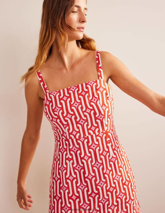 Boden Frauen Minikleid aus Leinen mit Trägern VH86PT90 Kleidung Blutorange und azurblaues Geo