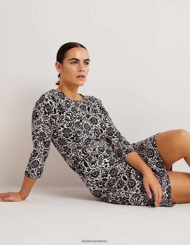 Boden Frauen Penny-Jersey-Kleid VH86PT1626 Kleidung Schwarz- und Laubblüte
