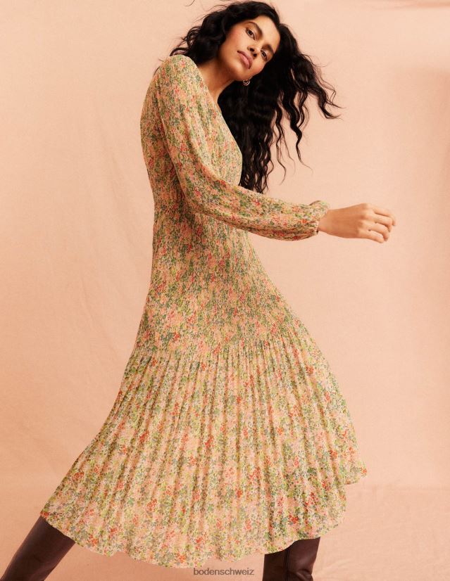 Boden Frauen Plissee-Midikleid mit V-Ausschnitt VH86PT1109 Kleidung Popcorn und Gardenienblütenblatt