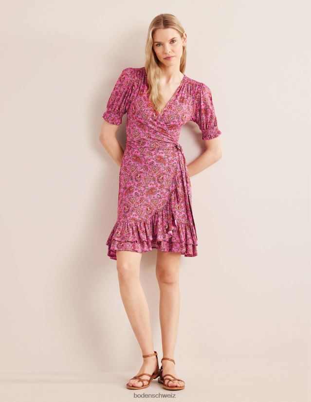 Boden Frauen Rüschen-Wickelkleid aus Jersey VH86PT1067 Kleidung Karminrose und Paisley-Terrasse