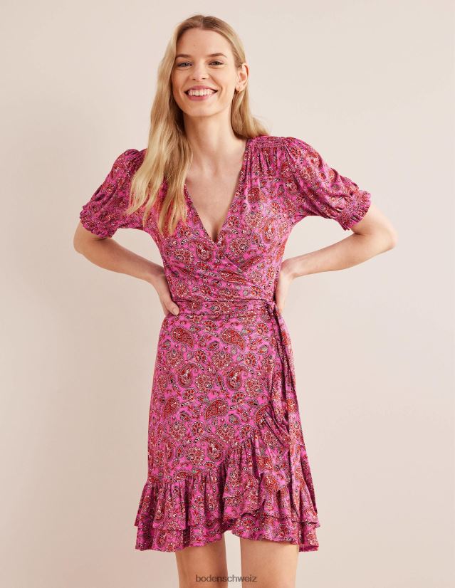 Boden Frauen Rüschen-Wickelkleid aus Jersey VH86PT1067 Kleidung Karminrose und Paisley-Terrasse