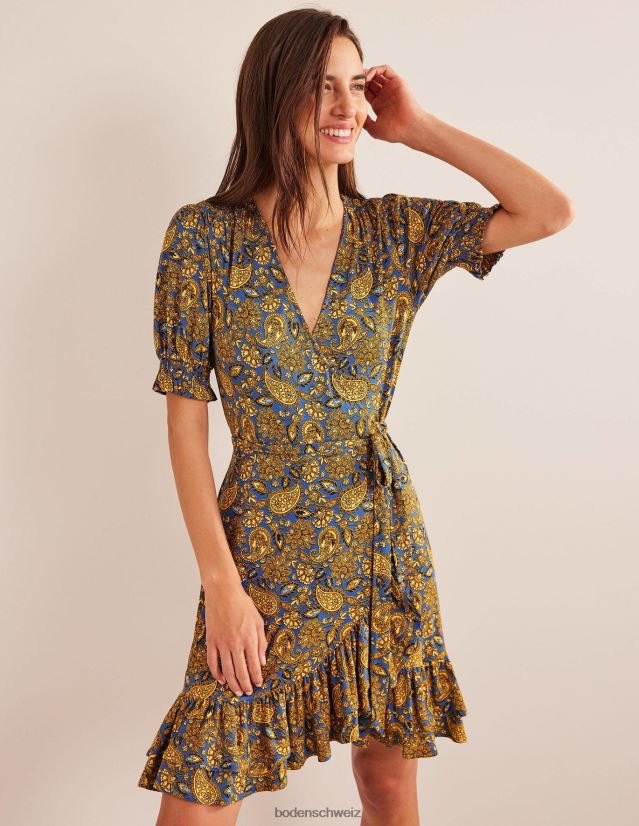 Boden Frauen Rüschen-Wickelkleid aus Jersey VH86PT2248 Kleidung Ernte Gold- und Paisley-Terrasse