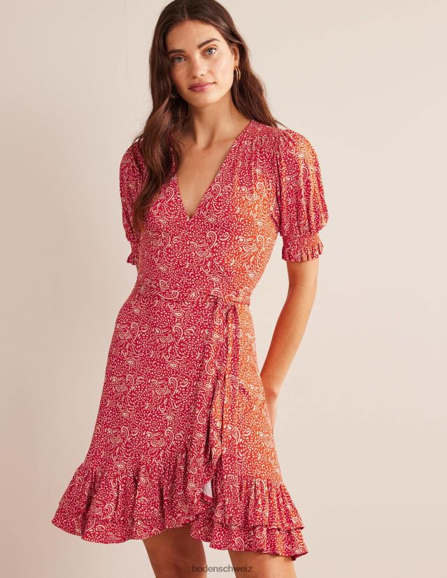 Boden Frauen Rüschen-Wickelkleid aus Jersey VH86PT953 Kleidung Zinnoberroter und azurblauer Pop