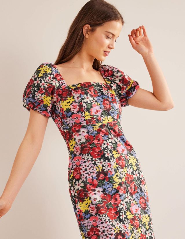 Boden Frauen Säulen-Midikleid mit Puffärmeln VH86PT1393 Kleidung Multi- und Moiré-Blüte