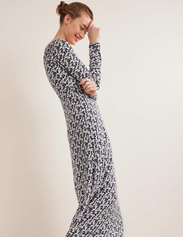 Boden Frauen Sweetheart-Jersey-Midikleid VH86PT1324 Kleidung Französisches Marineblau und Mohnblumenranke