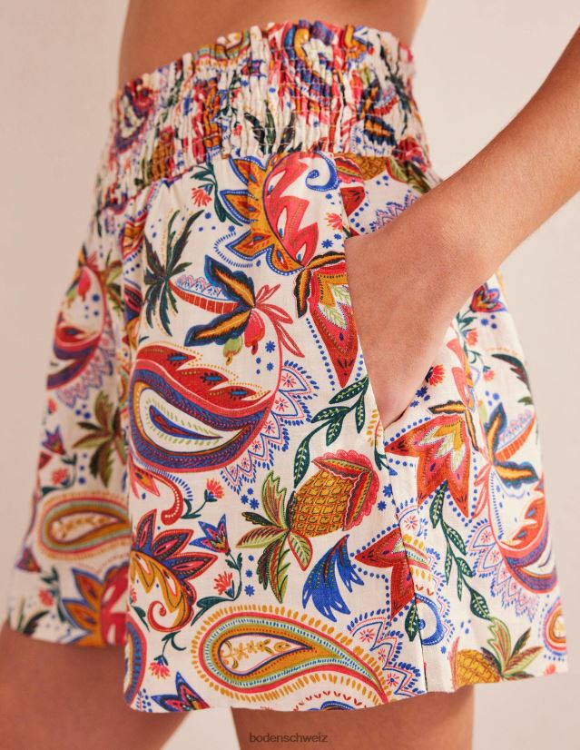 Boden Frauen Shorts aus Leinen mit geraffter Taille VH86PT2393 Kleidung elfenbeinfarbener Konversationsdruck