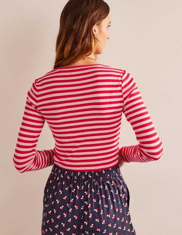 Boden Frauen Anna Ripp-T-Shirt mit Rundhalsausschnitt VH86PT194 Kleidung Pfirsichschale und Peperonistreifen