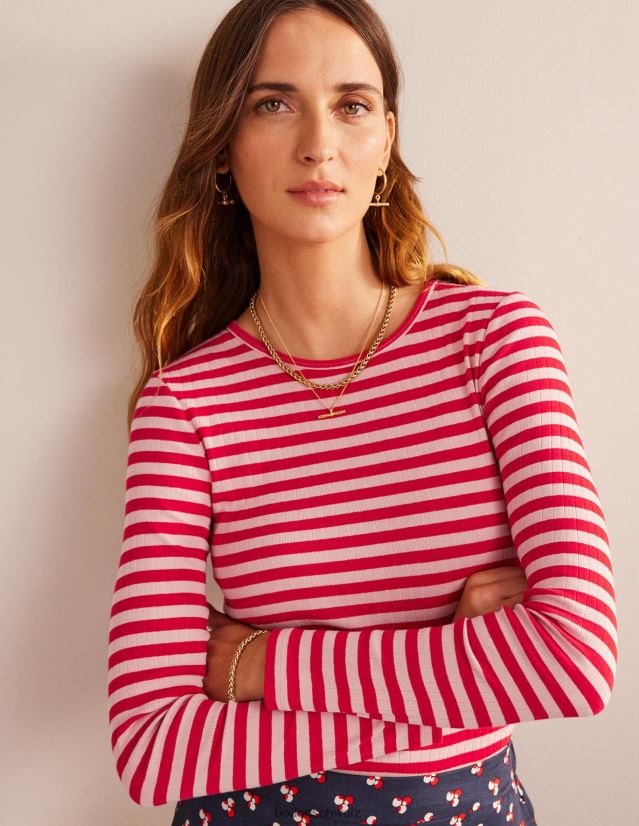 Boden Frauen Anna Ripp-T-Shirt mit Rundhalsausschnitt VH86PT194 Kleidung Pfirsichschale und Peperonistreifen