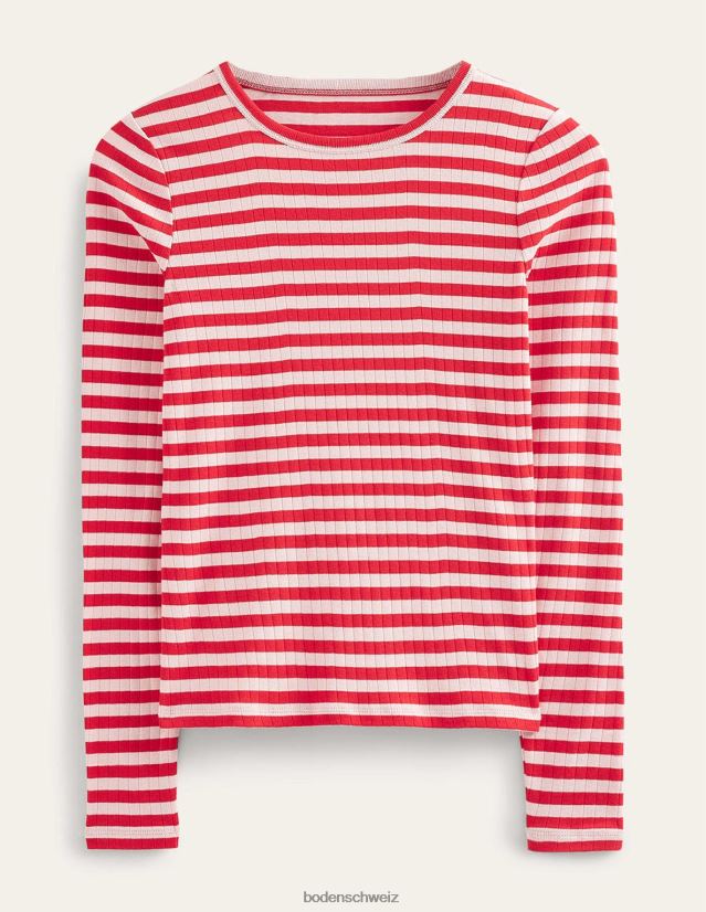 Boden Frauen Anna Ripp-T-Shirt mit Rundhalsausschnitt VH86PT194 Kleidung Pfirsichschale und Peperonistreifen
