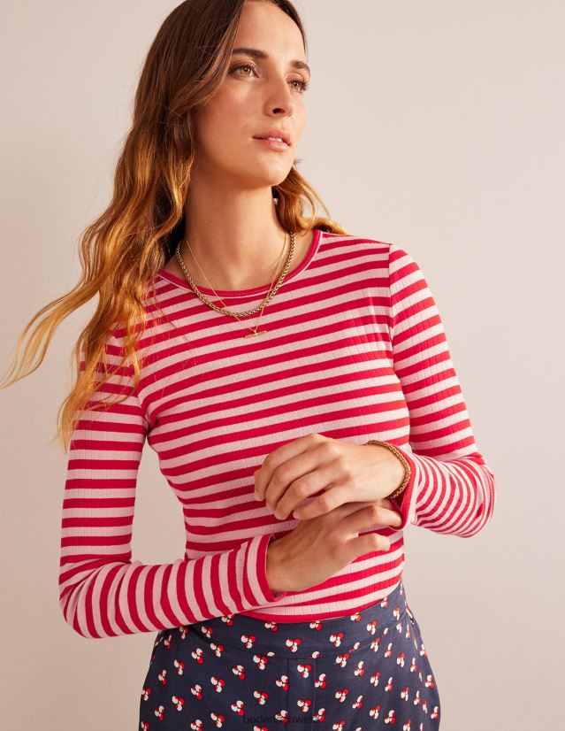Boden Frauen Anna Ripp-T-Shirt mit Rundhalsausschnitt VH86PT194 Kleidung Pfirsichschale und Peperonistreifen