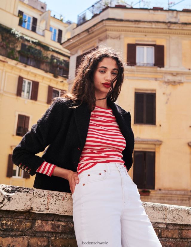 Boden Frauen Anna Ripp-T-Shirt mit Rundhalsausschnitt VH86PT194 Kleidung Pfirsichschale und Peperonistreifen