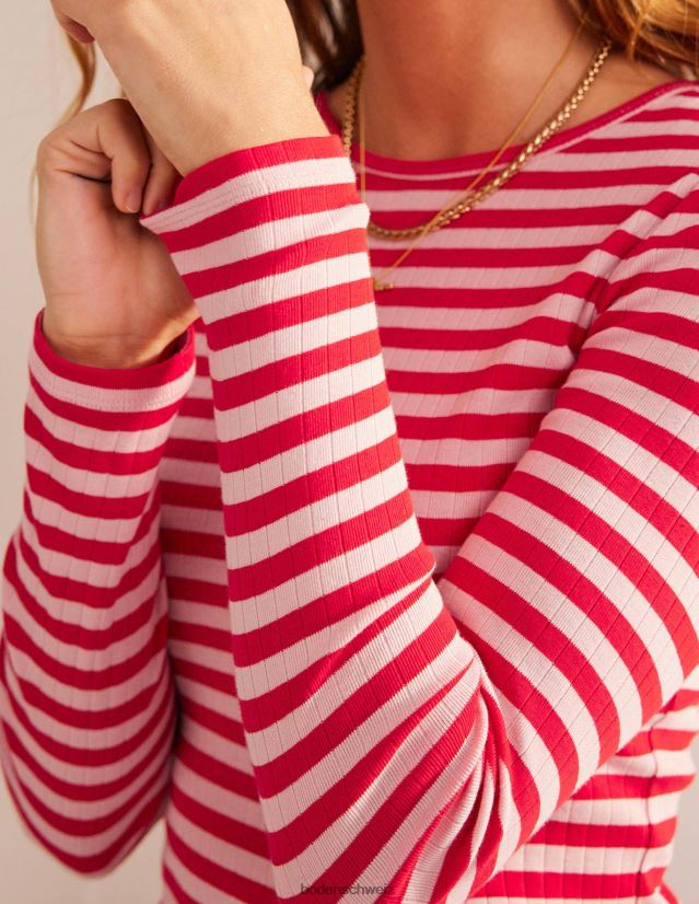 Boden Frauen Anna Ripp-T-Shirt mit Rundhalsausschnitt VH86PT194 Kleidung Pfirsichschale und Peperonistreifen