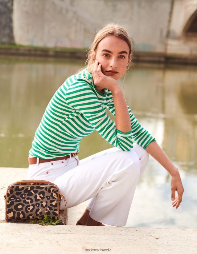 Boden Frauen Anna Ripp-T-Shirt mit Rundhalsausschnitt VH86PT197 Kleidung Wiesengrün und elfenbeinfarbener Streifen