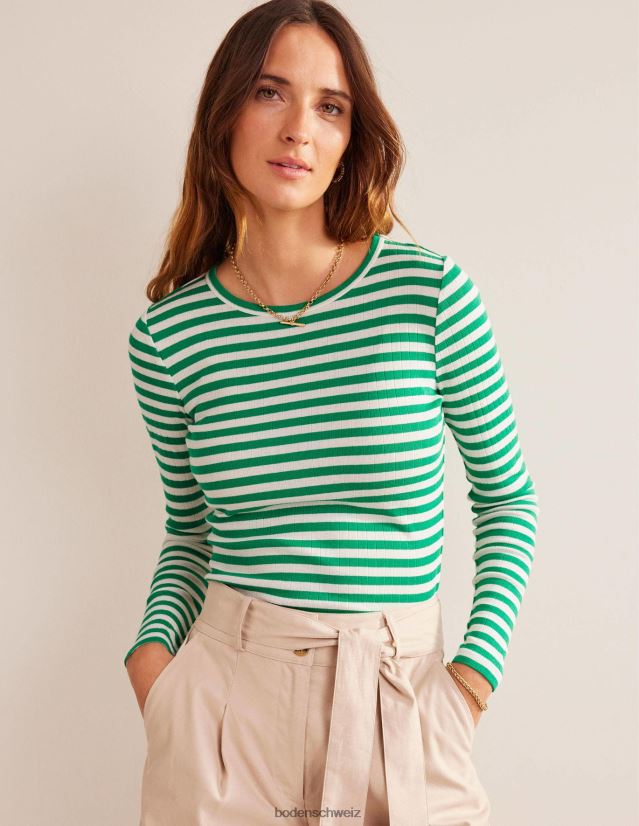 Boden Frauen Anna Ripp-T-Shirt mit Rundhalsausschnitt VH86PT197 Kleidung Wiesengrün und elfenbeinfarbener Streifen