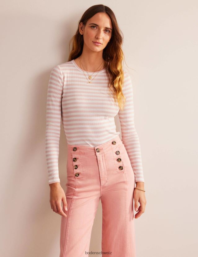 Boden Frauen Anna Ripp-T-Shirt mit Rundhalsausschnitt VH86PT201 Kleidung Elfenbein- und Pfirsichhautstreifen