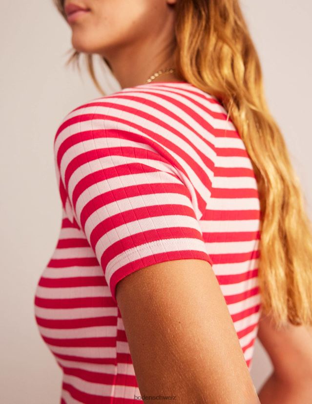 Boden Frauen Anna Ripp-T-Shirt mit V-Ausschnitt VH86PT196 Kleidung Pfirsichschale und Peperonistreifen