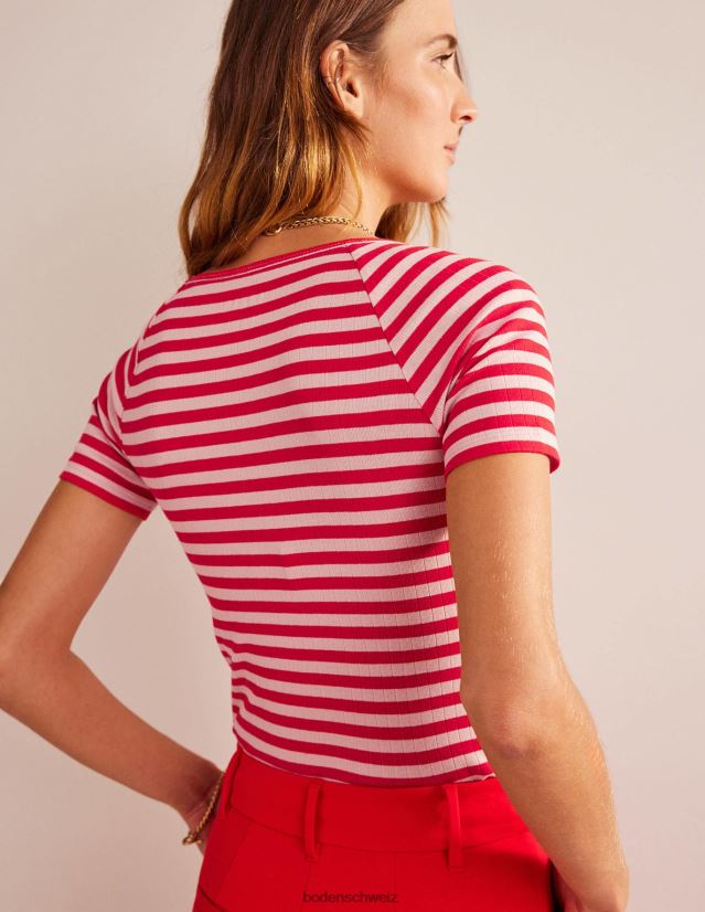 Boden Frauen Anna Ripp-T-Shirt mit V-Ausschnitt VH86PT196 Kleidung Pfirsichschale und Peperonistreifen
