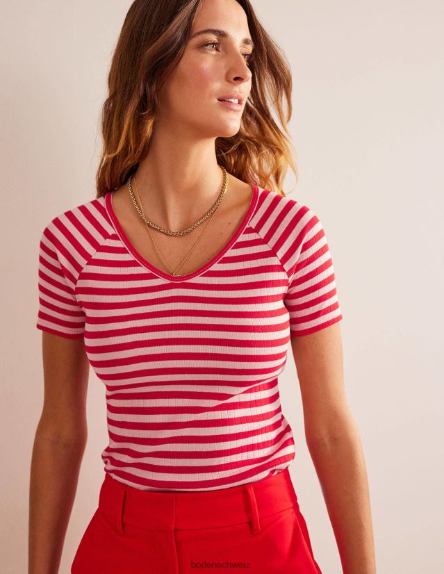 Boden Frauen Anna Ripp-T-Shirt mit V-Ausschnitt VH86PT196 Kleidung Pfirsichschale und Peperonistreifen