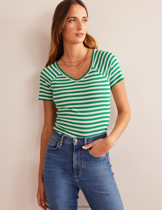 Boden Frauen Anna Ripp-T-Shirt mit V-Ausschnitt VH86PT198 Kleidung Wiesengrün und elfenbeinfarbener Streifen