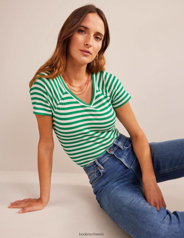 Boden Frauen Anna Ripp-T-Shirt mit V-Ausschnitt VH86PT198 Kleidung Wiesengrün und elfenbeinfarbener Streifen