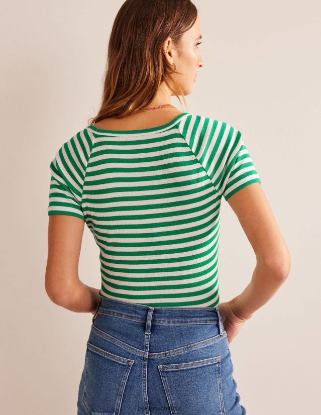 Boden Frauen Anna Ripp-T-Shirt mit V-Ausschnitt VH86PT198 Kleidung Wiesengrün und elfenbeinfarbener Streifen