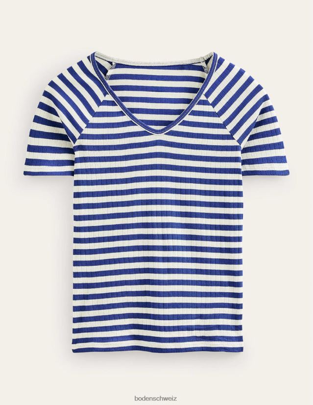 Boden Frauen Anna Ripp-T-Shirt mit V-Ausschnitt VH86PT199 Kleidung Lapisblau- und Elfenbeinstreifen