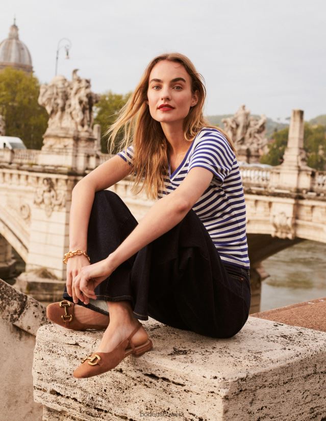 Boden Frauen Anna Ripp-T-Shirt mit V-Ausschnitt VH86PT199 Kleidung Lapisblau- und Elfenbeinstreifen