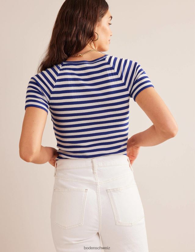 Boden Frauen Anna Ripp-T-Shirt mit V-Ausschnitt VH86PT199 Kleidung Lapisblau- und Elfenbeinstreifen