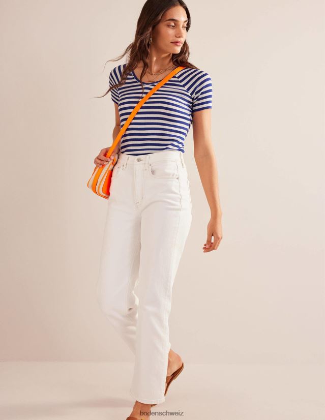 Boden Frauen Anna Ripp-T-Shirt mit V-Ausschnitt VH86PT199 Kleidung Lapisblau- und Elfenbeinstreifen