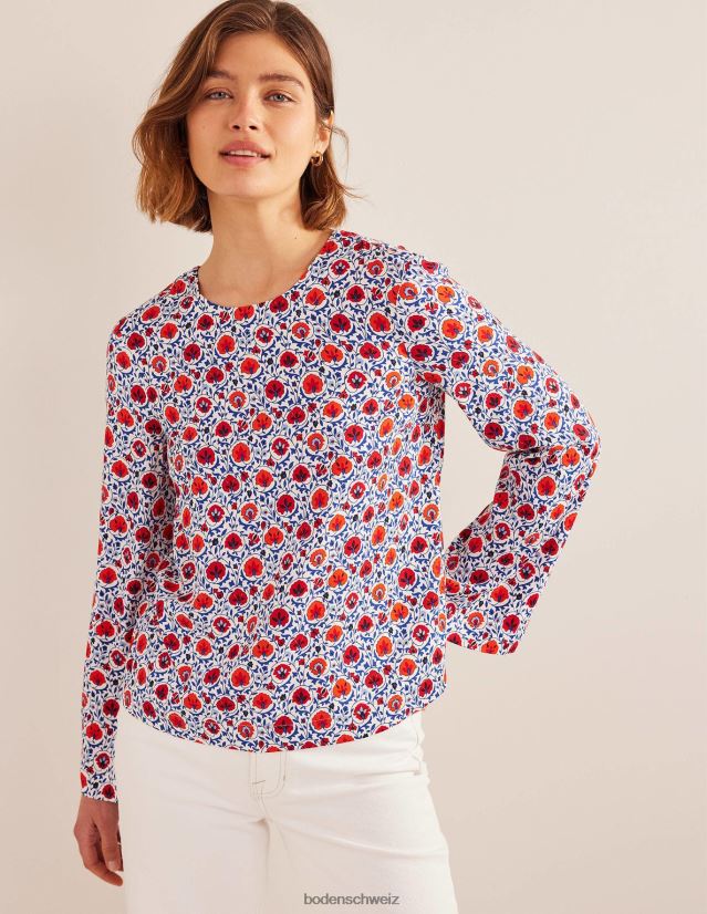 Boden Frauen Ausgestelltes Langarm-Top VH86PT1376 Kleidung blaue Welle und bezaubernde Blüte